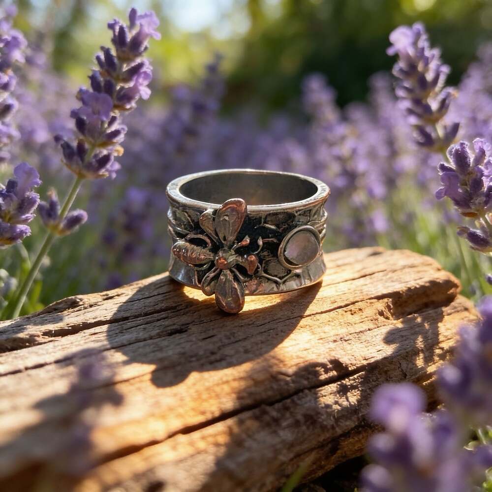 Boho Magic Silver And Brass Honeybee with moonstone Ring Size 7